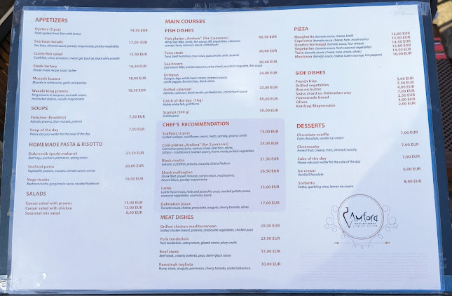 Fotografija tiskanog jelovnika restorana Amfora Dubrovnik